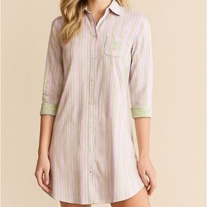 Ralph Lauren Pink Green Striped Collared Sleep Shirt Womens Size Small Cotton
